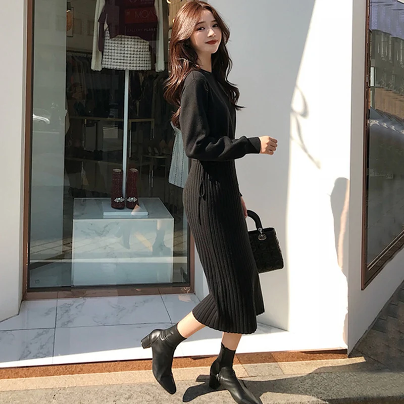 Elegant O-neck Patchwork Autumn Winter Dress Straight Women Sweater Thicken Lace Up Female Jumper Midi Vestidos 2019 |