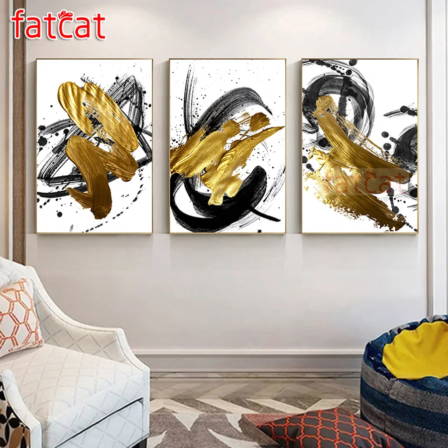 

FATCAT абстрактная Золотая черная линия пейзаж diy алмазная живопись полная квадратная Круглая Мозаика вышивка Триптих наборы AE2539