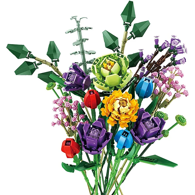 Технические букеты цветы игрушки для девочек розы кирпичи блоки день рождения