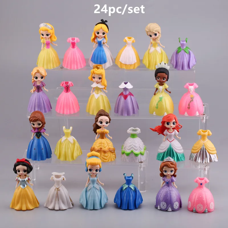 

24pcs/set 5-8cm Disney Princess dolls Snow White Sofia Belle Cinderella Alice Anna Sleeping Beauty Dress Changeable Gift