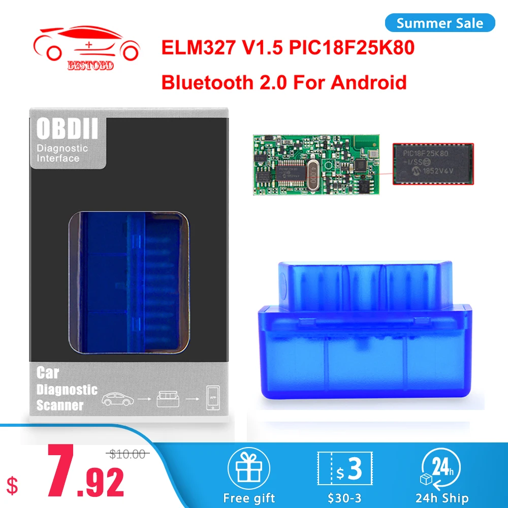 Мини сканер ELM327 V1.5 PIC18F25K80 ELM 327 в 1 5 OBD2 Bluetooth для Android obd obd2 автомобильный