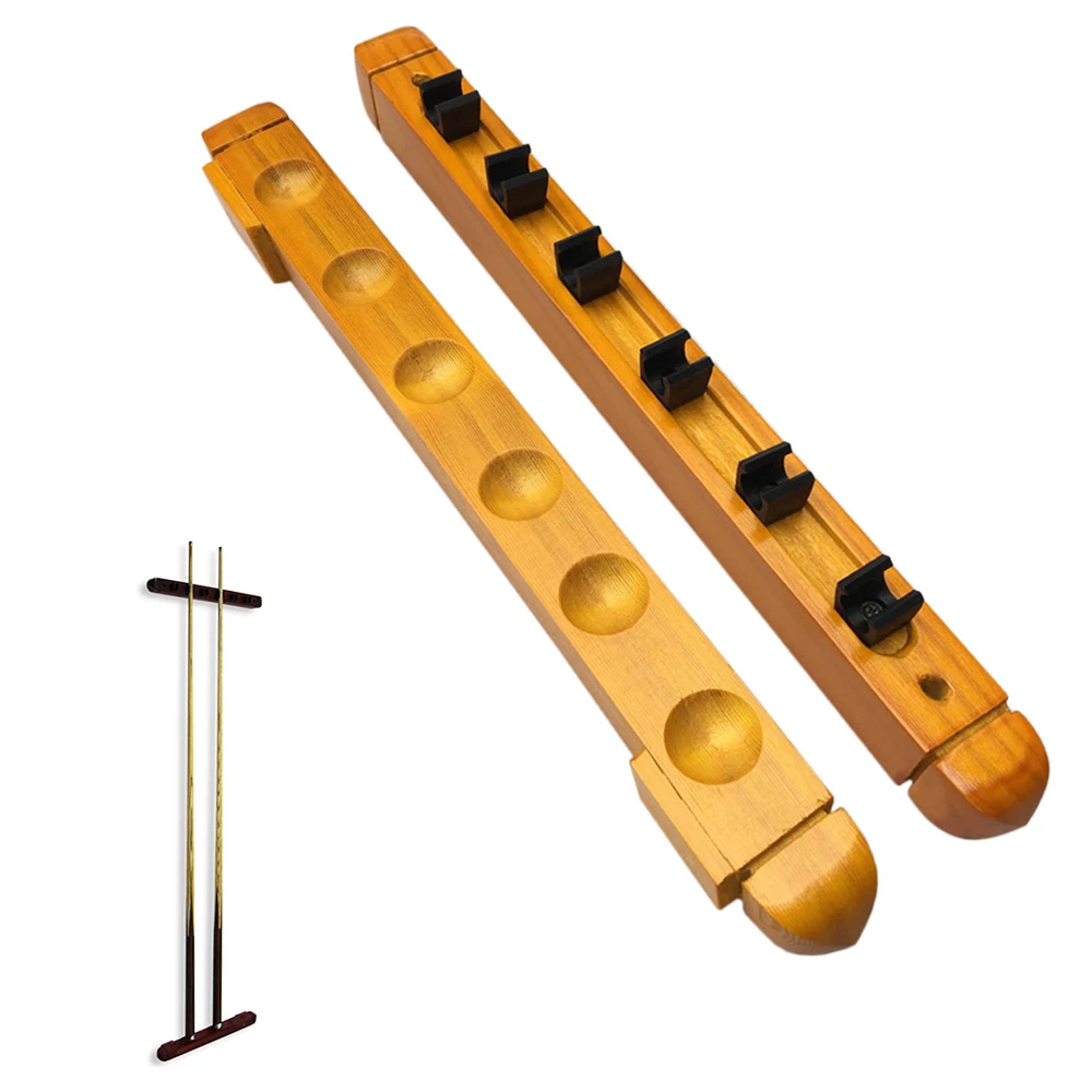 6-Cue Wall Mount Wood Cue Rack Billiard Hardwood Sticks Holder with Pool Clips Clue Accessories | Спорт и развлечения