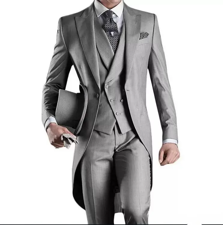 

Custom Made Groom Tuxedos Groomsmen Morning Style Best Man Peak Lapel Groomsman Men's Wedding Suits (Jacket+Pants+Vest)