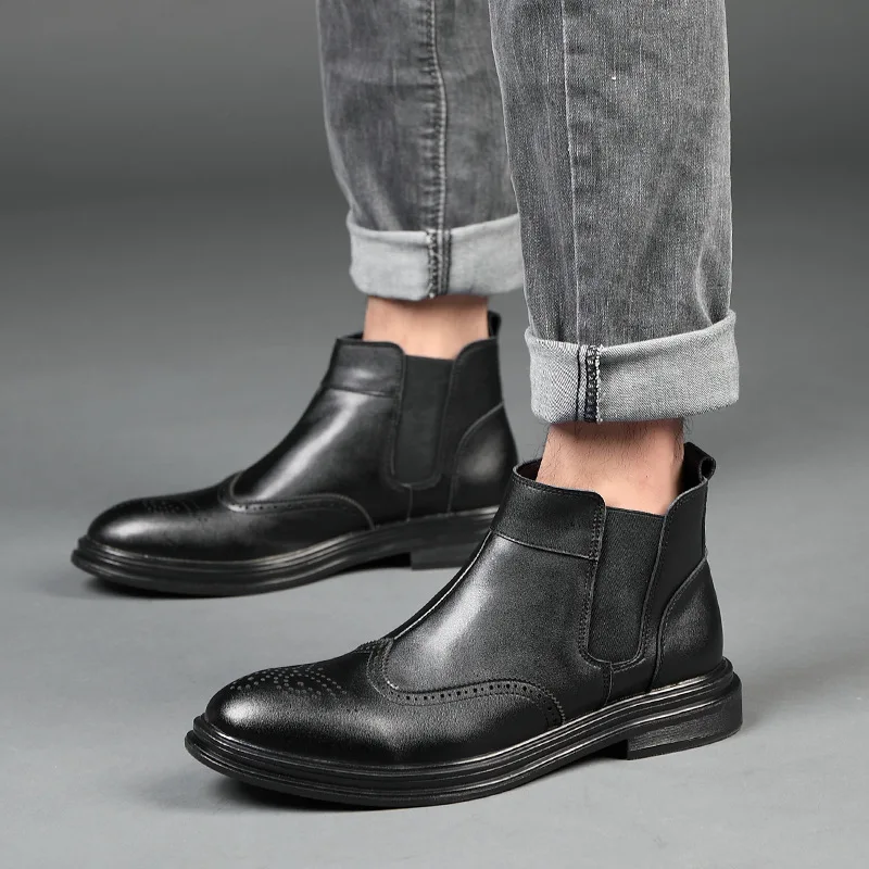 

famous brand men's casual business wedding formal dresses chelsea boots cow leather bullock shoes brogue bottines ankle botas