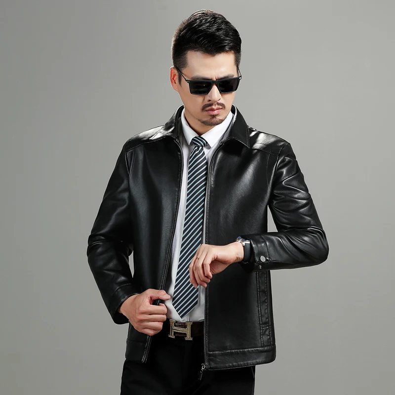 

Men's Stand Collar Fleece Lined Bomber Faux Leather Jacket