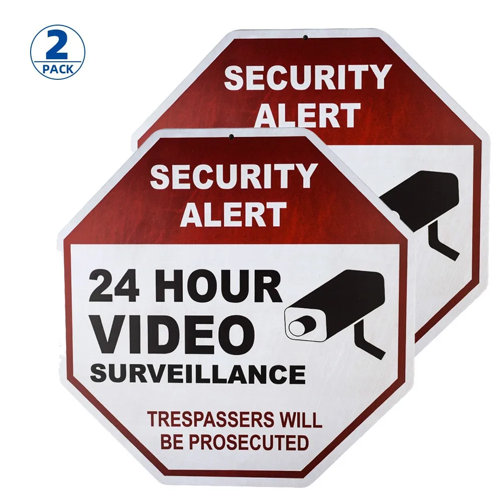 Security Signs,2 Pack 24 Hour Video Surveillance Signs,Octagon 12 x12 Inches CCTV Security Camera, UV Protected & Waterproof