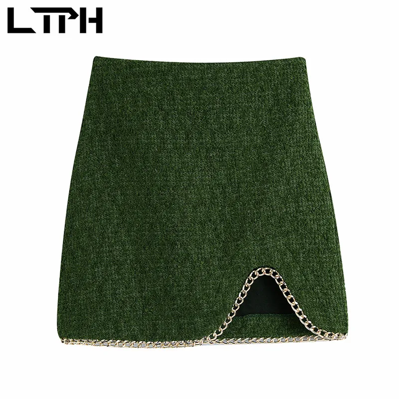 

LTPH streetwear casual green mini skirt women woolen high waist chain decoration short sexy package hip skirts 2021 autumn new