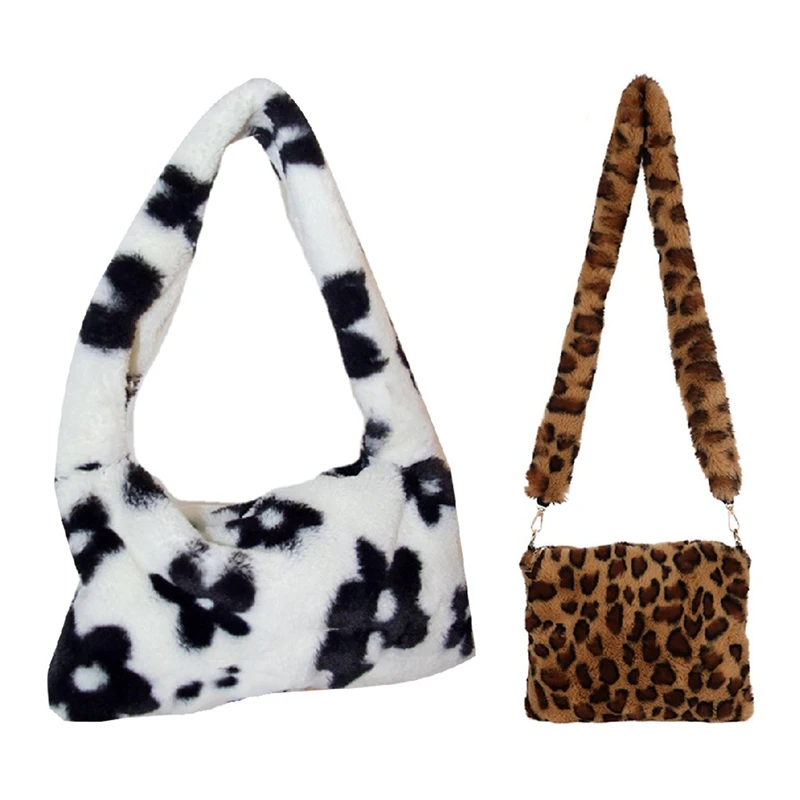 

2PCS Korean Style Trendy Personality Leopard Print Plush Shoulder Bag-Leopard with Fashion Plush Handbags