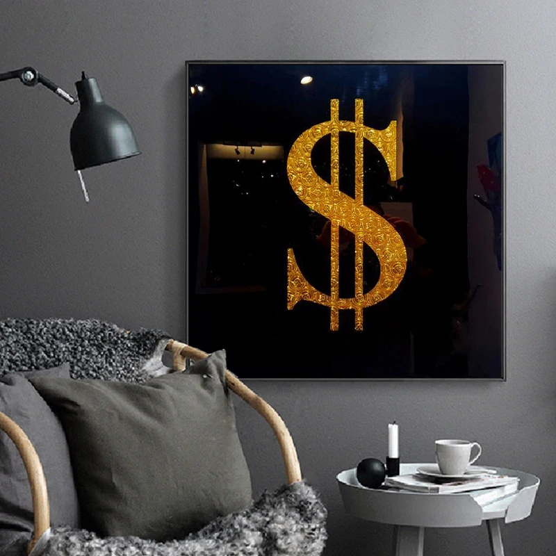 

Golden Dollar Money Modern Art Prints and Poster Black Background Picture Home Decor Canvas Painting Craft Gift Cuadros for Room