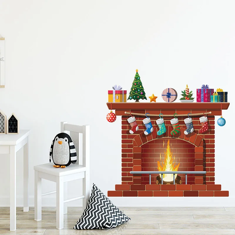 С рисунком камина стены наклейки рождественские для подарков гостиной детской
