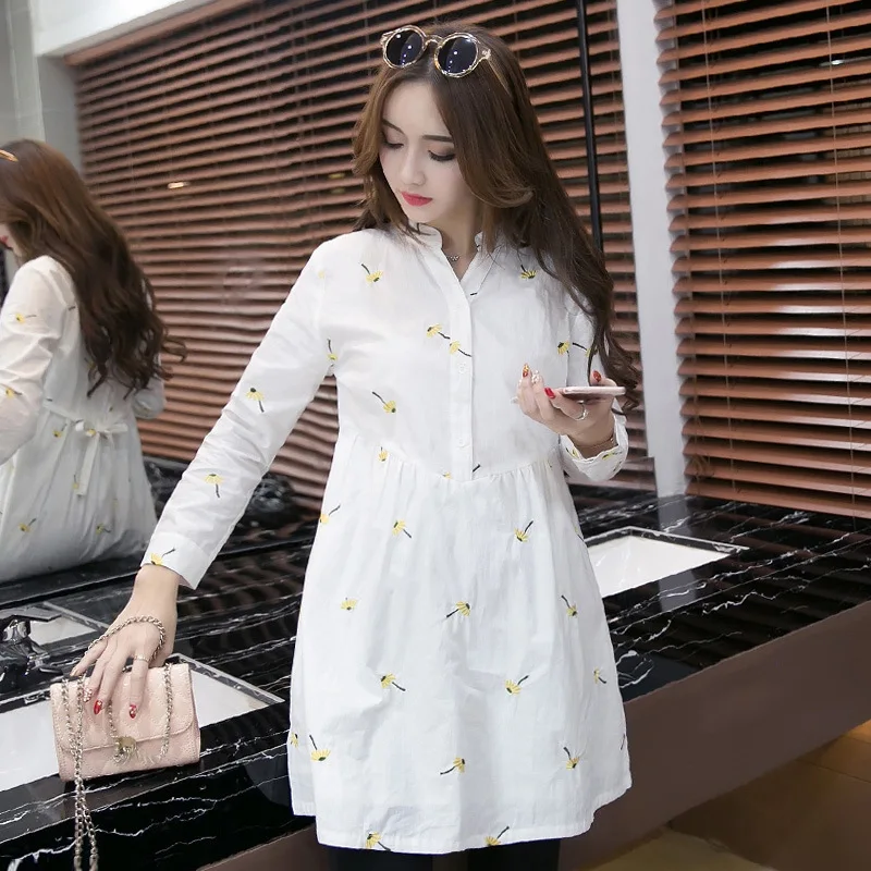 2020 New Spring Dress Autumn Cotton High Waist Long Sleeve Fashion Casual Large Size Loose Daisy Embroidered Women CW328 | Женская