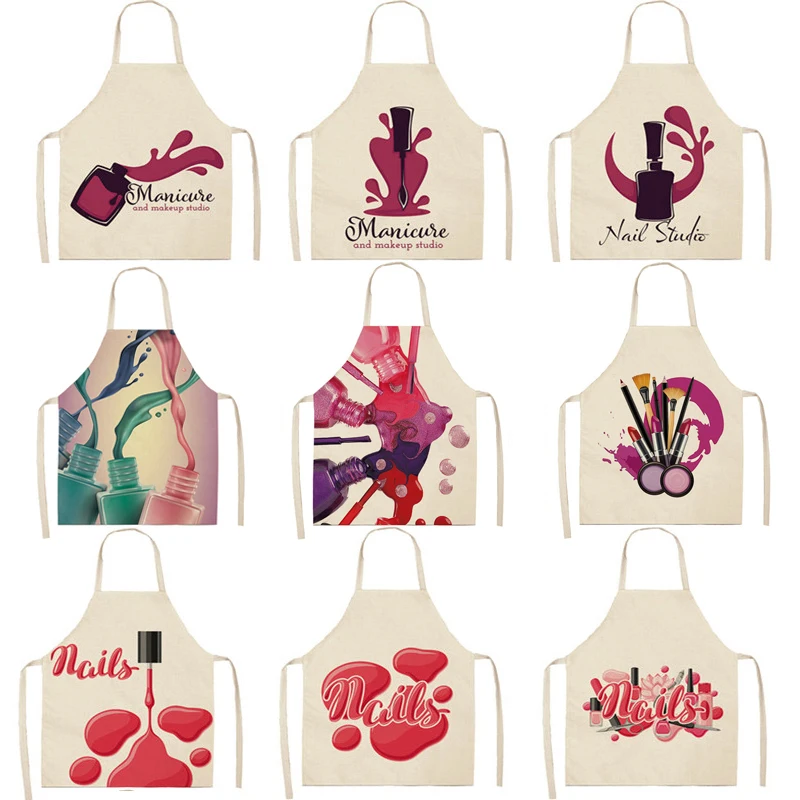 

Linen Flower Nail Polish Theme Print Kitchen Aprons Unisex Dinner Party Cooking Bib Funny Pinafore Cleaning Apron