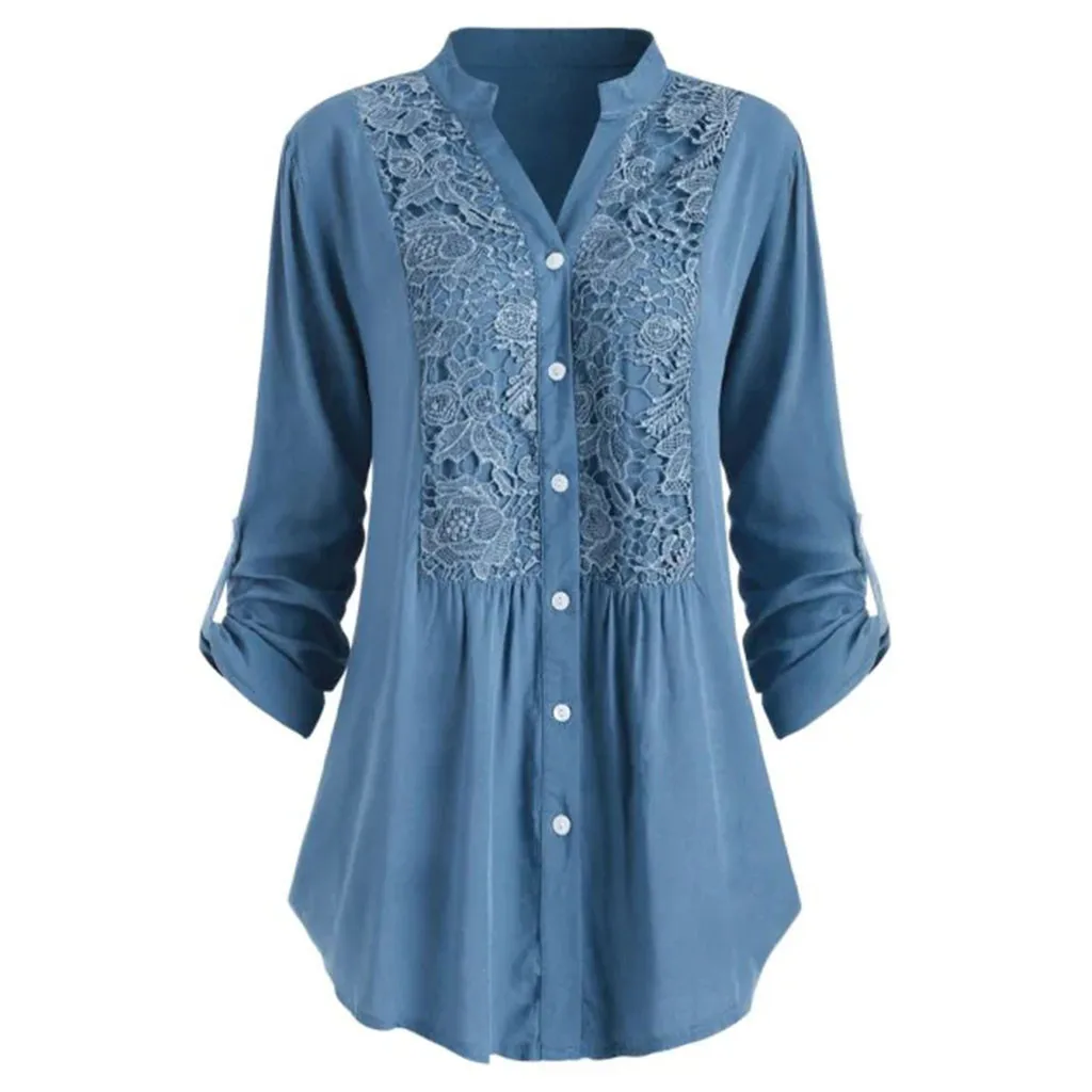 

Womens Blouses Shirt Clothes Lace Blusas Office Lady Elegant Loose Tops And Blouse Cotton Linen Denim Tunic Long Sleeve Shirts