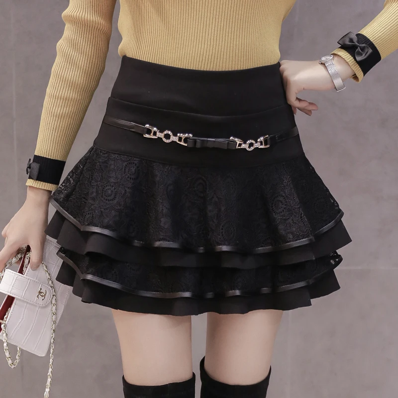 

2021 black skirt, cake skirt, autumn and winter women's lace skirt, anti light puffy skirt, student dance skirt