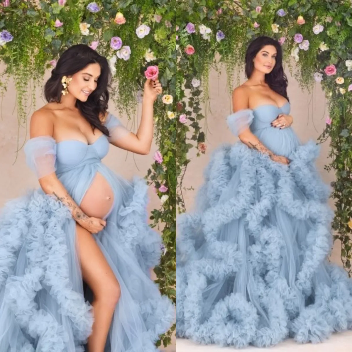 

Sky Blue Maternity Gowns Off The Shoulder Birthday Party Bathrobes Sweetheart Sleepwear for Phtotoshoot Custom Made