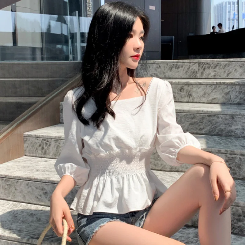 Летняя Новинка 2020 милая рубашка с квадратным воротником женская модная белая