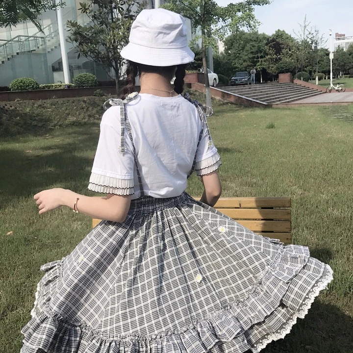 Kawaii Лолита юбка японский стиль 90 подростков мягкая Сестра Дейзи аппликации кружева лоскутное рюшами Сарафан в клетку юбки