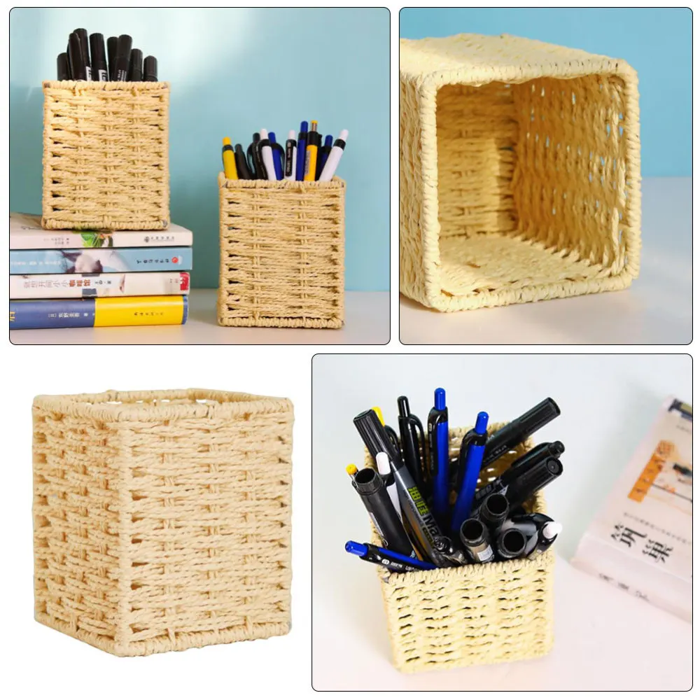 

1Pc Household Pen Container Hand-woven Storage Basket Office Supply (Beige)