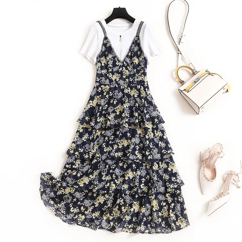 

New Summer 2020 Fashion Women Cotton T-shirt Stitching Short Sleeves Floral Printed Ruffles Cake Chiffon Fake Two Piece Dress