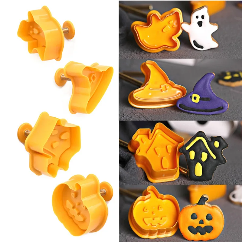

4Pcs Halloween Pumpkin Ghost Theme Plastic Cake Mold Cookie Cutter Plunger Fondant Chocolate Mold DIY Cake Decorating Tools
