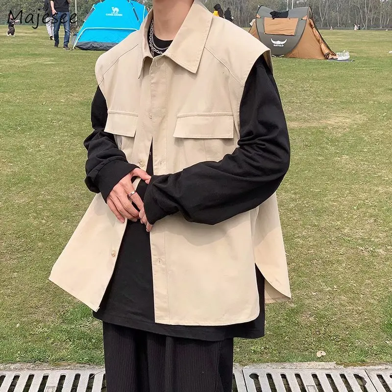 

Single Breasted Vests Men Multi-pockets Japan Style College Waistcoats Teens Sleeveless Turn-down Collar Coats BF Cargo Vintage