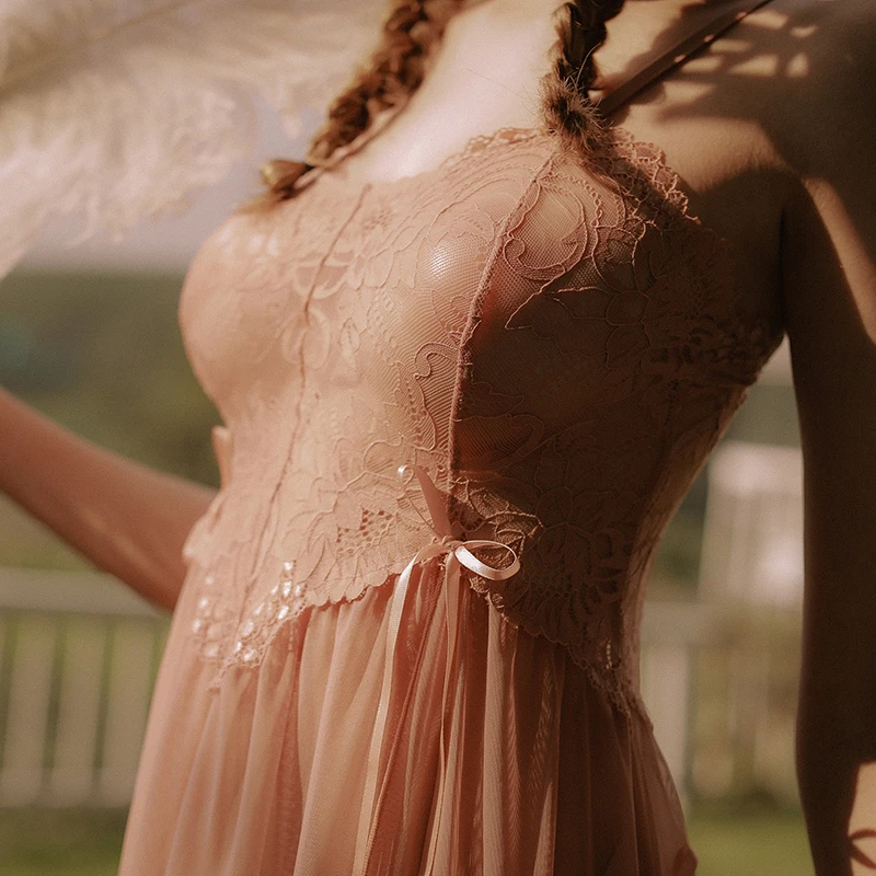 Летняя Сексуальная кружевная Женская длинная ночная рубашка с длинным рукавом