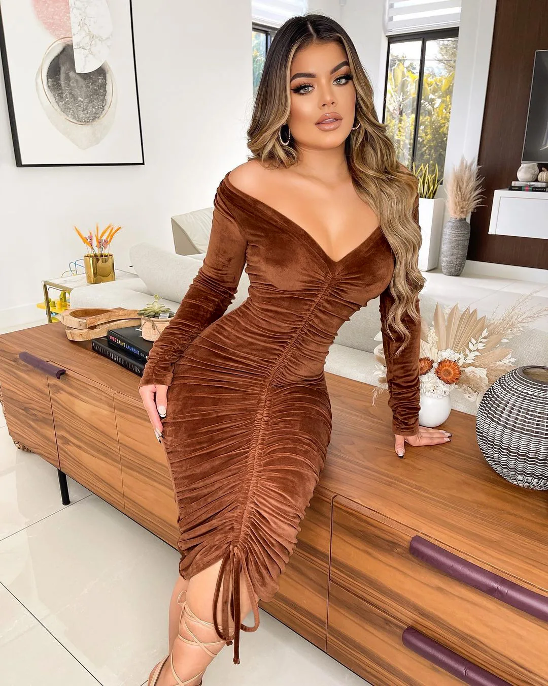 

Coffeehot Dresses Women Sexy Off The Shoulder Ruched Lace Up Bodycon One word collar Long Sleeve Evening Club Party Midi Dress