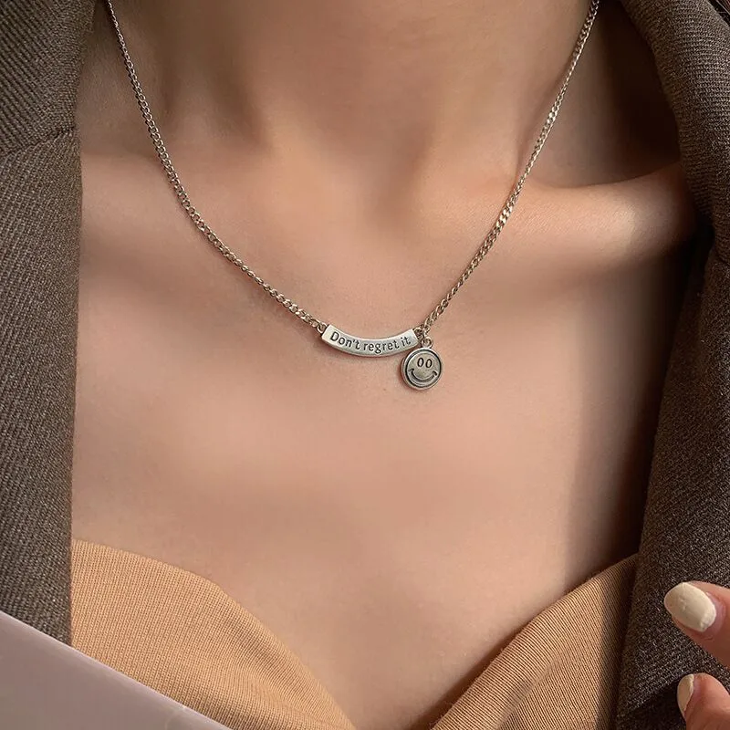 

Women Vintage Smile Face Fashion Chokers French Style 925 Silver Letter Tag Sweater Chokers Female Niche Make Old Short Necklace