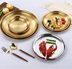 Круглая обеденная посуда, золотые тарелки из нержавеющей стали, металлические тарелки для пикника, искусственная утварь, кухонная посуда, небьющаяся