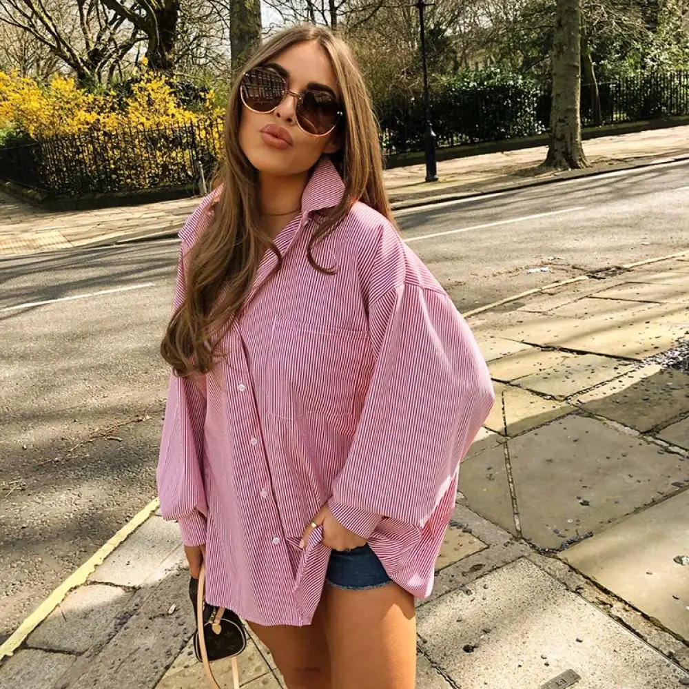 

Женская свободная рубашка в полоску, повседневная Однотонная рубашка в европейском и американском стиле с длинными рукавами и открытым воротником, лето 2021