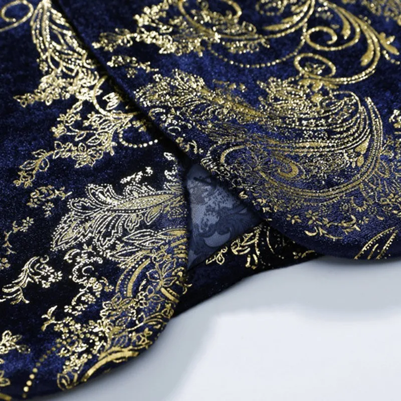 

2020 New Blue Gold Flower Pattern Stage Costume for Men England Style Plus Size 5XL Slim Fit Prom Party Blazer Jacket Male Coat
