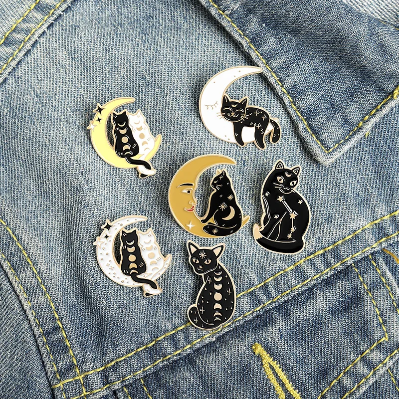 

Sweet Moon Phase Cat Brooch Moon Cat Brooch Lapel Pins Cat Brooch with Moon Little Black Cat Brooch Witch Cat Brooch
