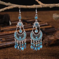 vintage long blue rhinestone crystal tassel earrings for women boho hollow geometric dangle earrings female wedding jewelry