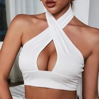 2021 summer women cut out front criss cross halter top neck sleeveless backless crop top bandage vest tops sexy woman clothing