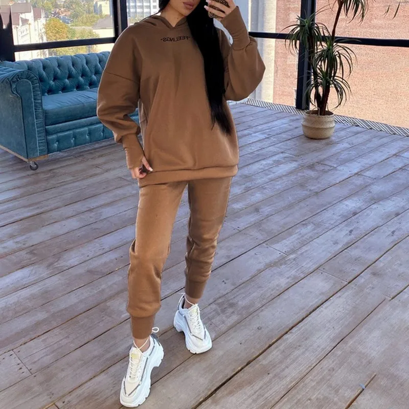 

Solid Cotton Hooded Sweatshirts Hoodies Track Pants Joggers Women Tracksuits Two Piece Sets Sweatpants Sweatsuits Spring Female
