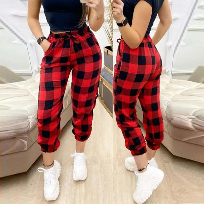 

Women Plaid Print Elastic Waist Straight Trousers 2021 Spring Casual Sport Lace-Up Long Pants Loose Fitness Sport Pants Trousers