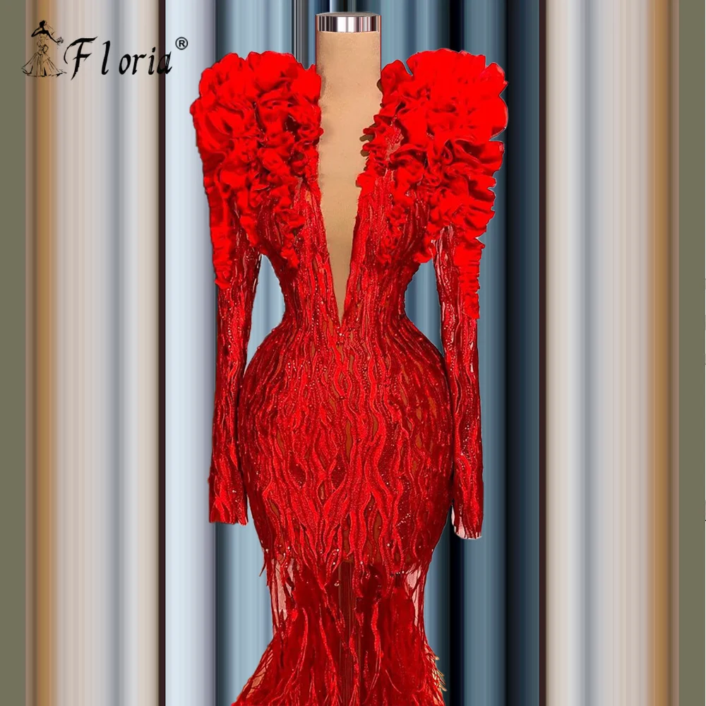 

Red Luxury Long Sleeve Evening Dresses 2022 Beaded Lace robe longue soirée vestido Deep V Neck largo fiesta noche elegante