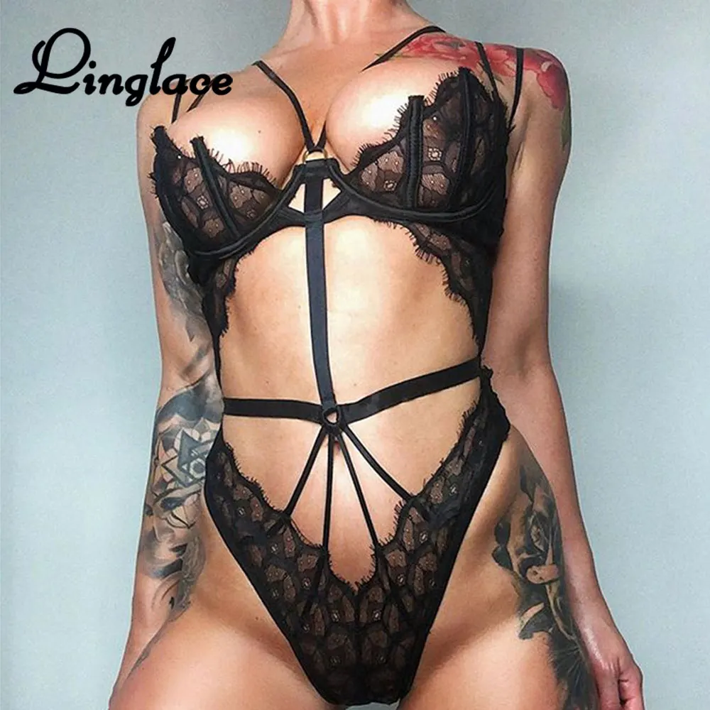 Linglace открытое Кружевное боди сексуальное женское нижнее белье черное сплошное
