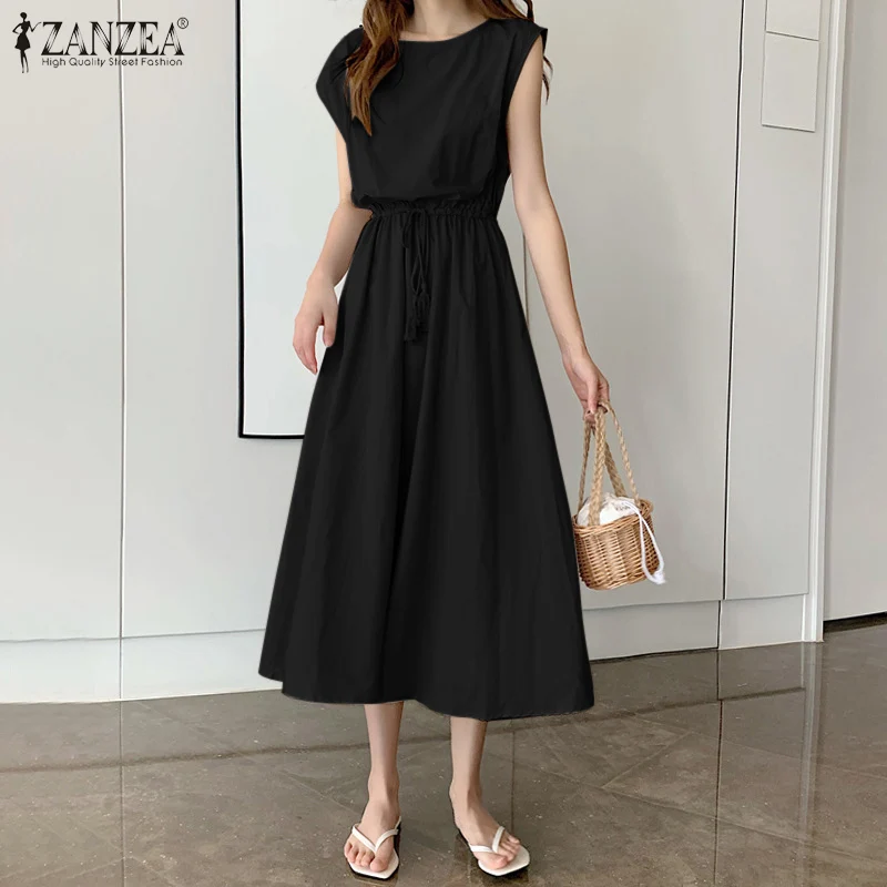 

Oversized Vestidos Korean Summer Vintage Solid Sundress Women Casual O Neck Lace Up Kaftan ZANZEA Holiday Party Midi Dress Femme