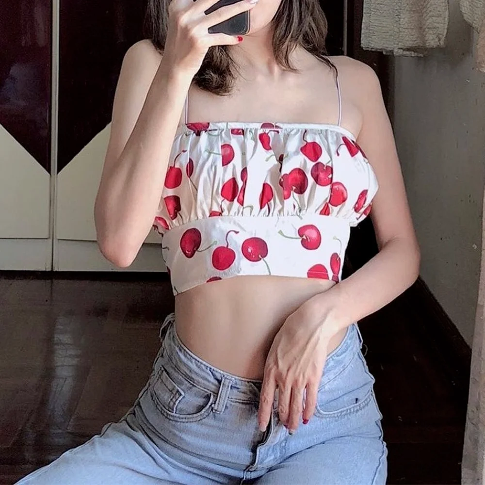 

Women Summer Cute Cropped Top Girl Cherry Printing Ruched Camisole Spaghetti Strap Tank Top Slim Fit Bustier Female Clothing