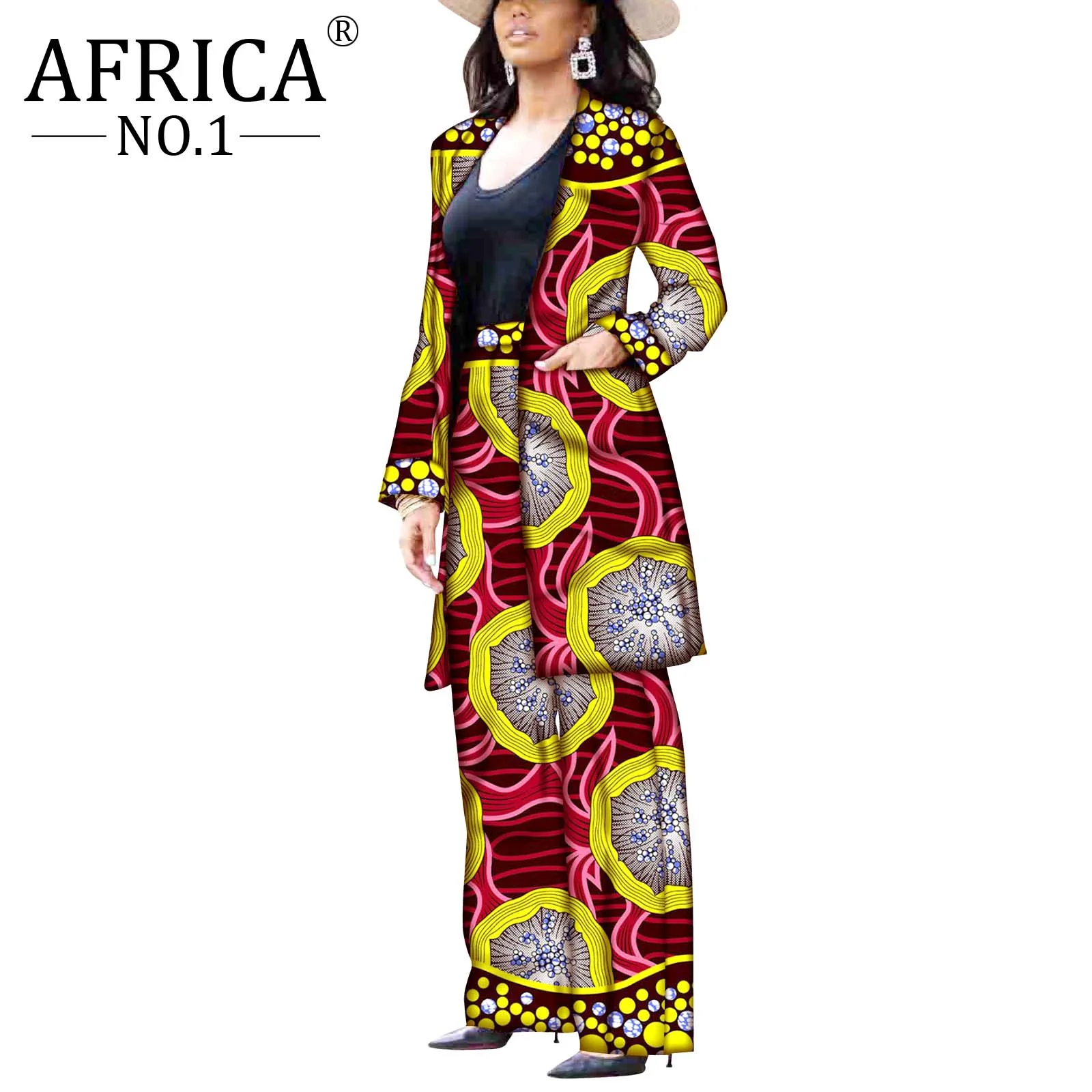 African Winter Suit for Women Long sleeves Coats and Pants 2 pieces Outfits Jacket Femme Robe Clothes Cotton Wax Print V2026004