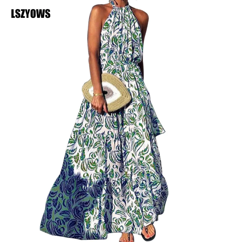 

2021 Summer Print Bohemia Dresses Women Sleeveless Backless Halter Beach Long Dress Ladies Casual Ruffles Maxi Sundress Vestidos