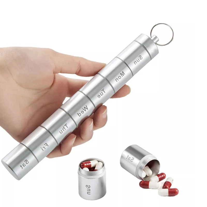 

7 Days Pill Box Waterproof Aluminum Drug Holder Container Keychain Medicine Storage Bottle Case Travel Portable