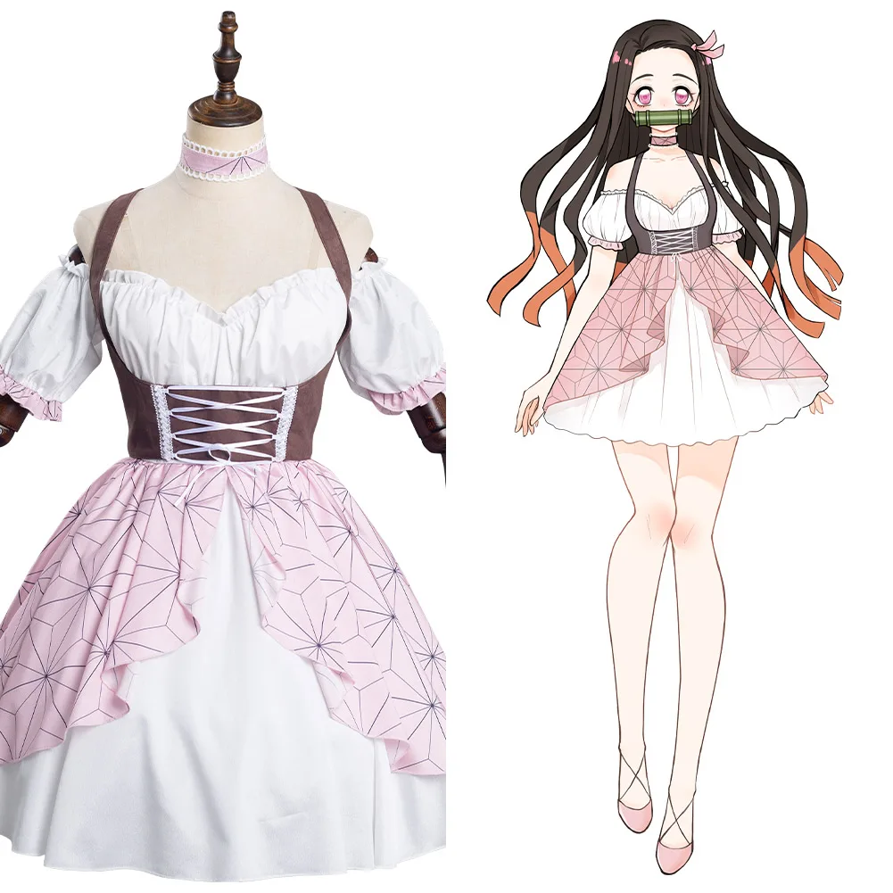 

Anime Demon Slayer Kamado Nezuko Cosplay Costume Lolita Maid Dress Outfits Halloween Carnival Suit