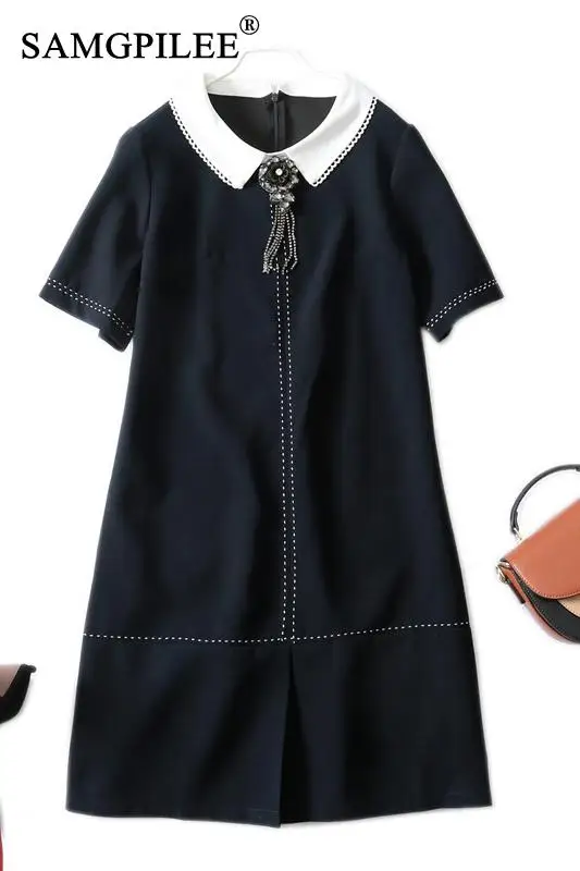 

European Station Summer Dress 2021 New High-end Women Bright Line Decoration Short-sleeved Knee-length Plus Size Woman Dresses