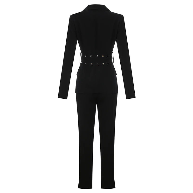 INDRESSME Модный комплект из двух предметов, v-образный вырез, длинный рукав, золотистая Пряжка, блейзер с поясом, прямые брюки, новинка, женские костюмы