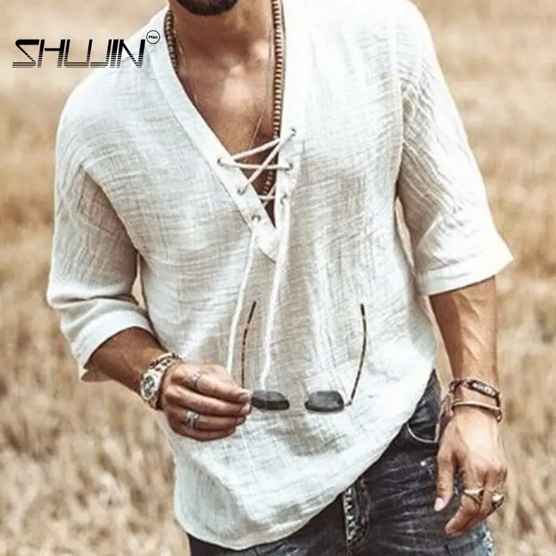 

2020 New Men's V Neck bandage Oversize T shirts Male Solid Color Long Sleeves Plus Size Casual tshirt Comfortable Tops S-5XL