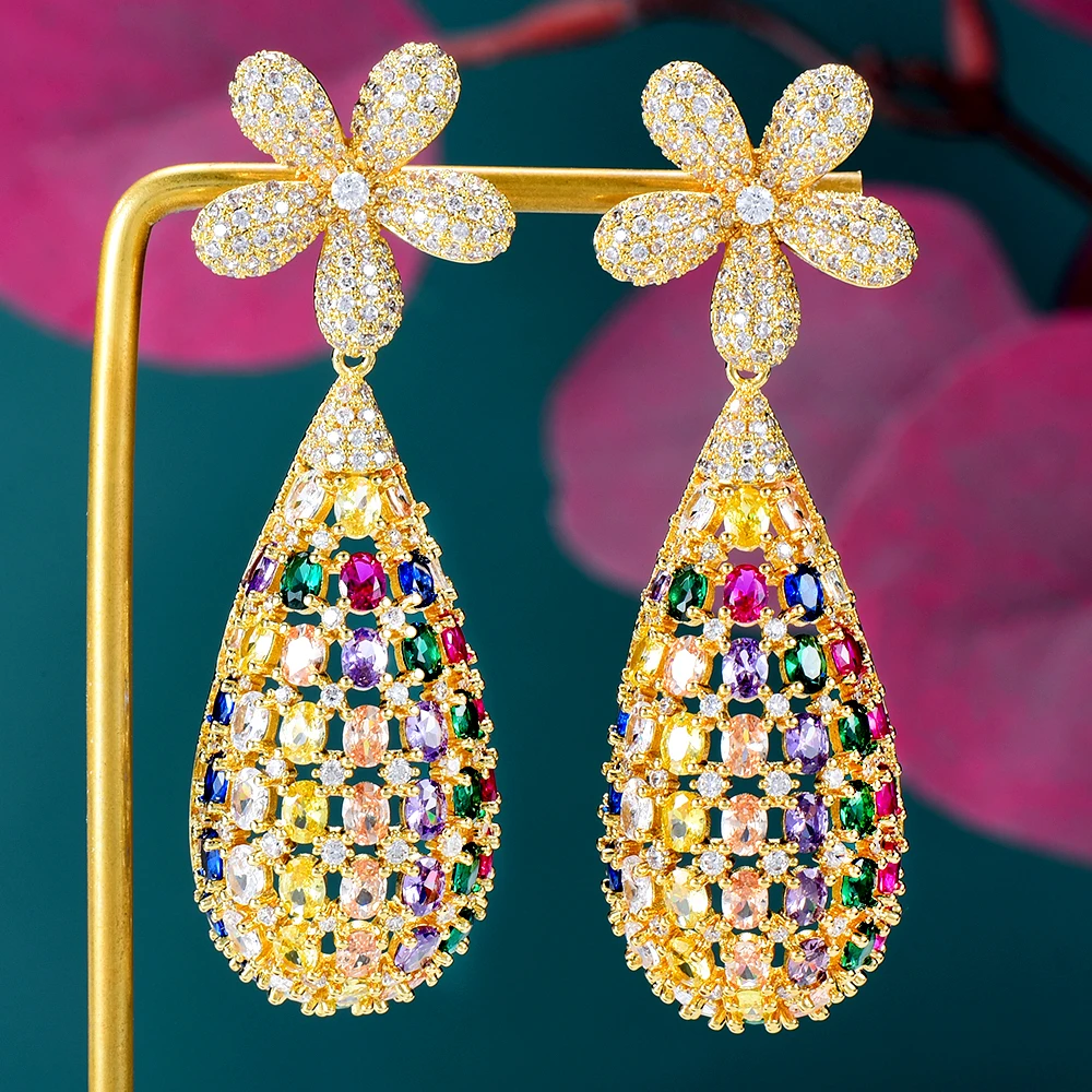 

JIMBORA Gorgeous Trendy Big Waterdrop Earrings Cubic Zirconia Brand Square Shape Pendant Earrings Nigerian Indian African Women