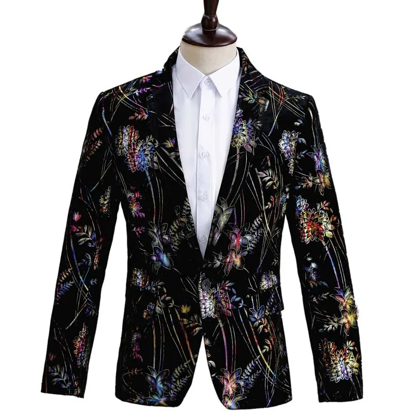 

Мужская одежда 2021, черный бархатный костюм с цветным принтом, костюм для выступления на сцене, певицы, костюм для выступления, куртка