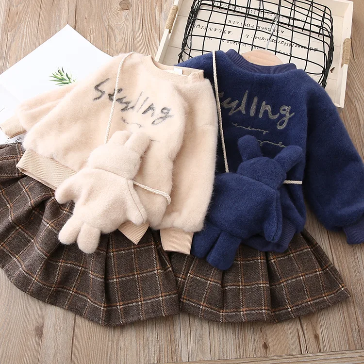 Бархатный свитер с надписью для девочек комплект плиссированной юбкой зимняя